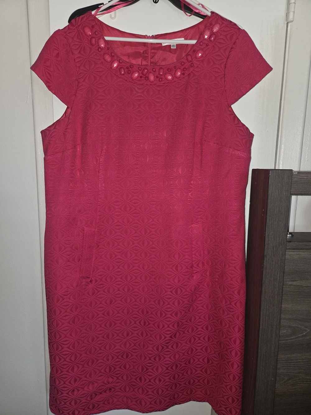 Sandra Darren Hot Pink Embossed Sheath Dress with Jeweled Neckline